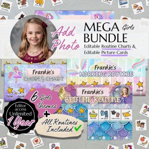 Editable Daily Routine Charts: Morning, Afternoon, Night [Unlimited Charts] Chores Chart & Toilet Training Chart + Picture Cards AAC (Girls)